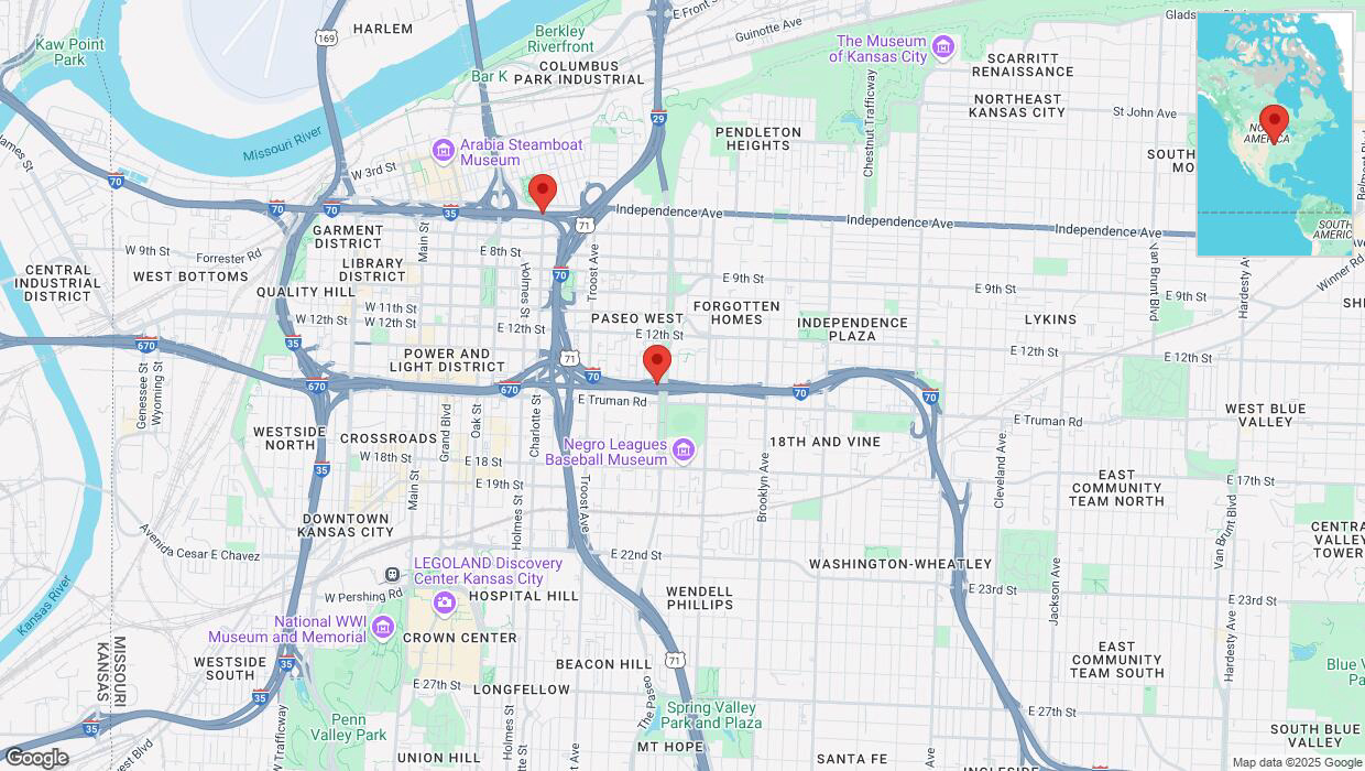 A detailed map that shows the affected road due to 'Heavy snowfall on northbound I-70 in Kansas City' on February 18th at 12:55 p.m.