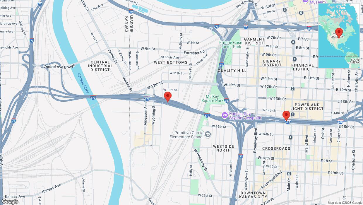 A detailed map that shows the affected road due to 'Heavy snowfall on eastbound I-670 in Kansas City' on February 18th at 1 p.m.