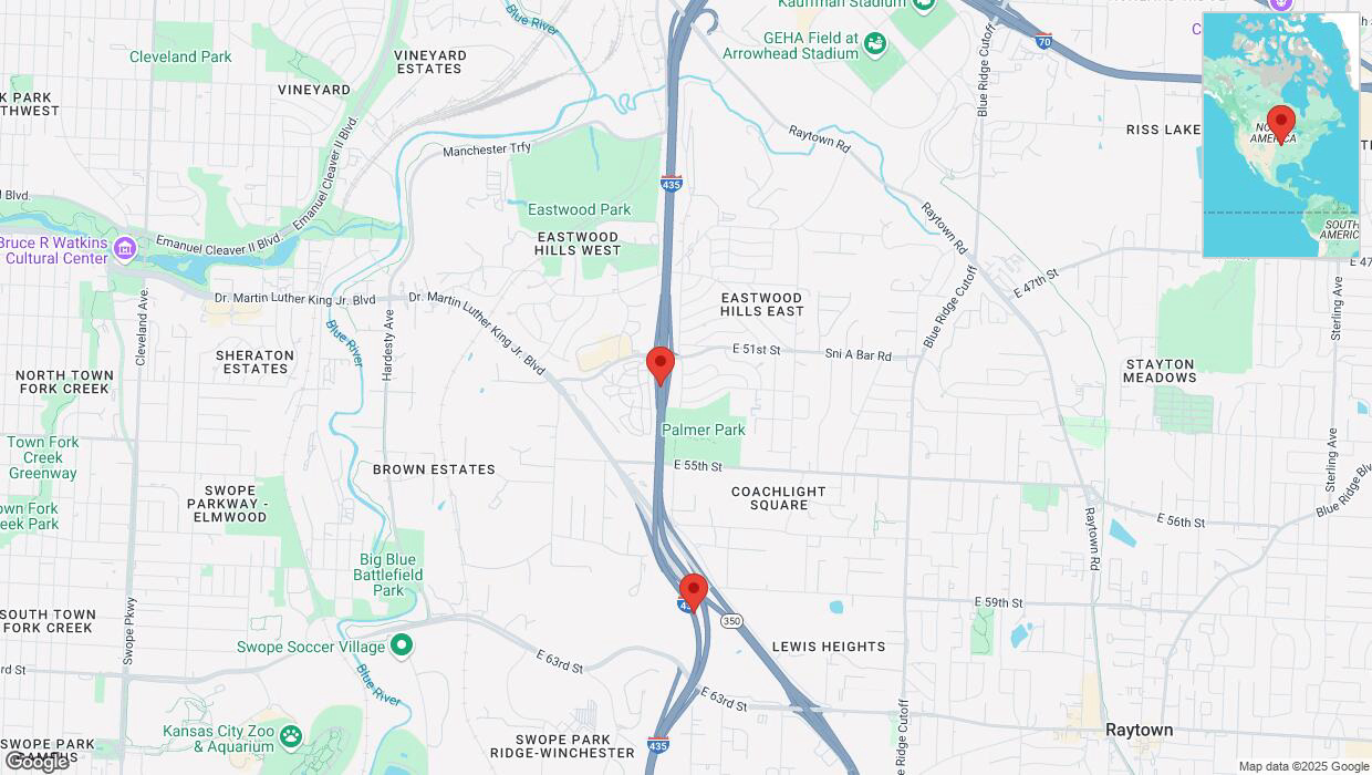 A detailed map that shows the affected road due to 'Heavy snowfall on southbound I-435 in Kansas City' on February 18th at 1:06 p.m.