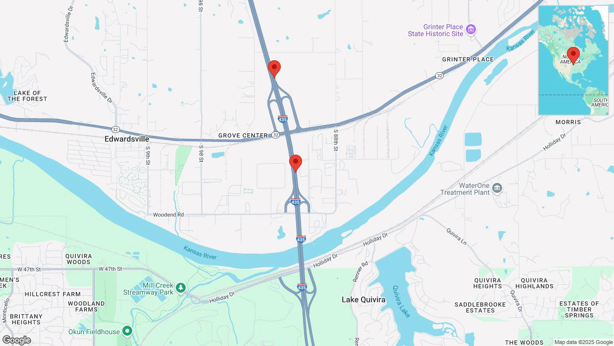 A detailed map that shows the affected road due to 'Heavy snowfall on northbound I-435 in Edwardsville' on February 18th at 1:06 p.m.