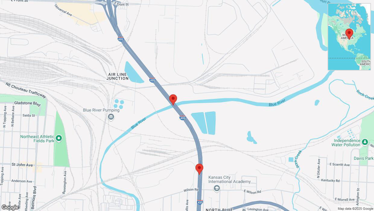 A detailed map that shows the affected road due to 'Heavy snowfall on southbound I-435 in Kansas City' on February 18th at 1:12 p.m.