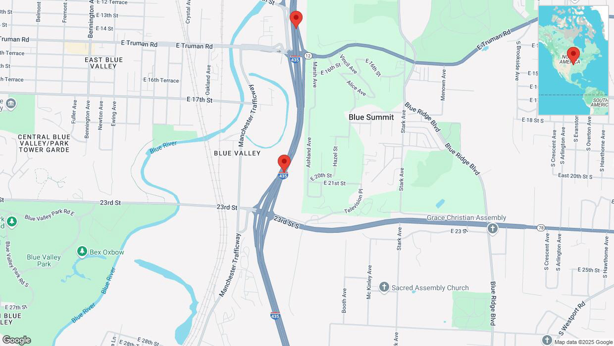 A detailed map that shows the affected road due to 'Heavy snowfall on northbound I-435 in Kansas City' on February 18th at 1:12 p.m.