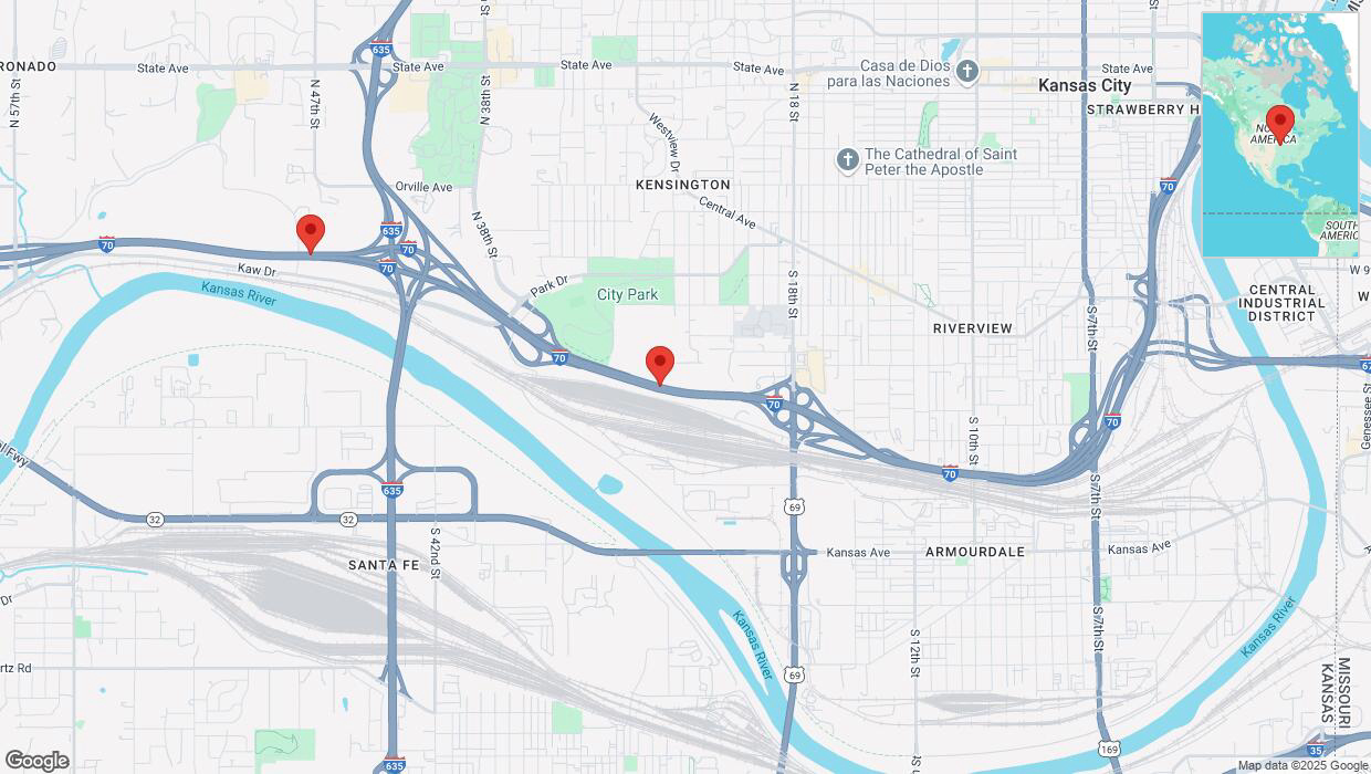 A detailed map that shows the affected road due to 'Heavy snowfall on westbound I-70 in Kansas City' on February 18th at 1:17 p.m.