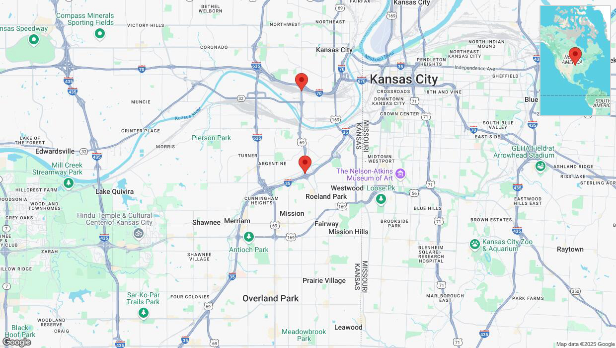 A detailed map that shows the affected road due to 'Heavy snowfall on northbound US-69 in Kansas City' on February 18th at 1:17 p.m.