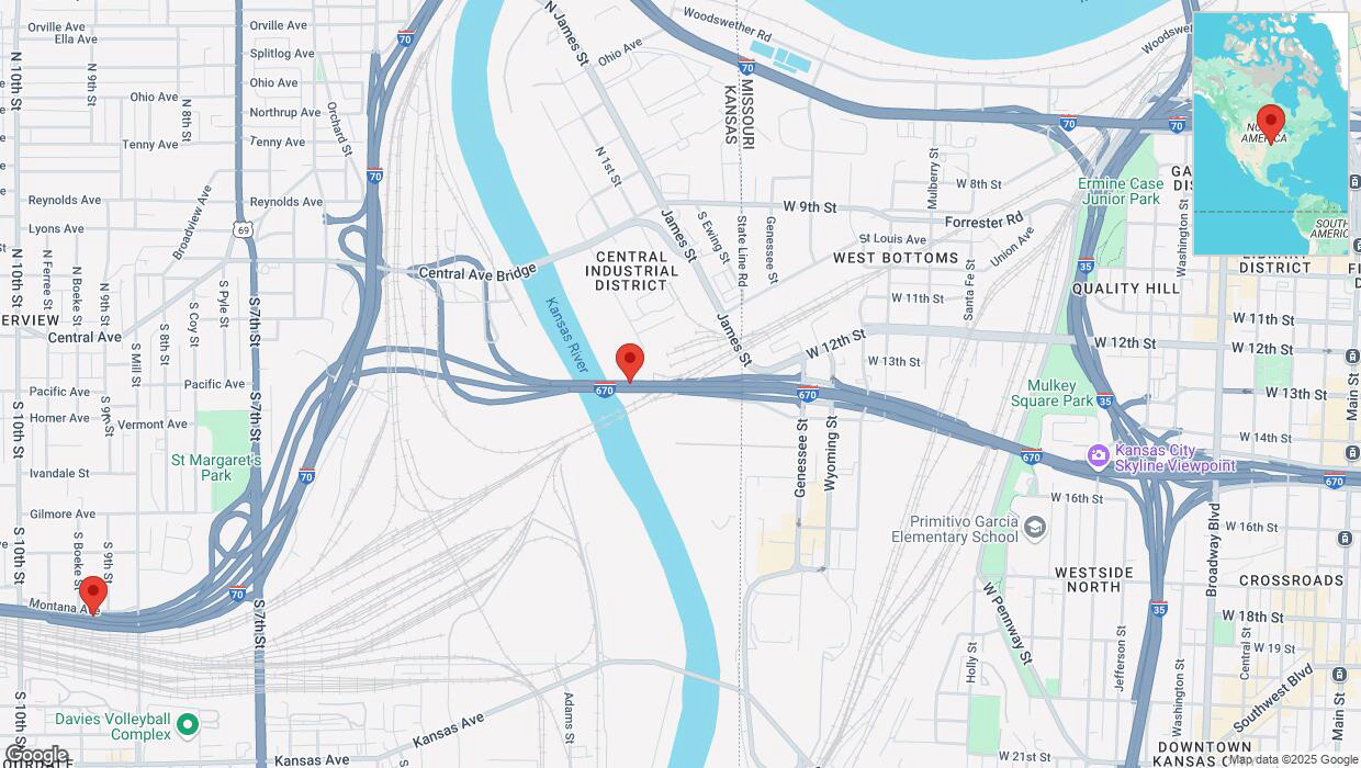 A detailed map that shows the affected road due to 'Heavy snowfall on westbound I-670 in Kansas City' on February 18th at 2:12 p.m.