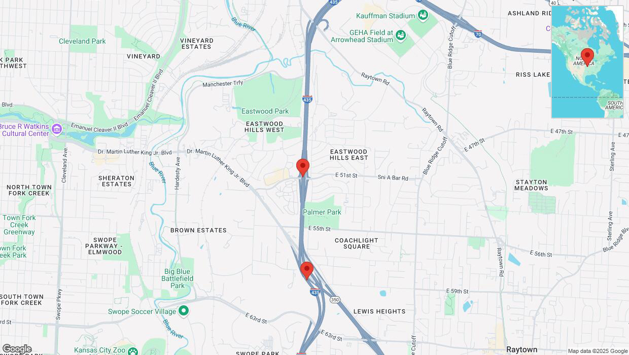 A detailed map that shows the affected road due to 'Heavy snowfall on southbound I-435 in Kansas City' on February 18th at 1:24 p.m.
