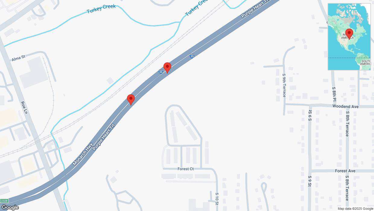 A detailed map that shows the affected road due to 'Crash reported on northbound I-35 in Kansas City' on February 18th at 1:30 p.m.