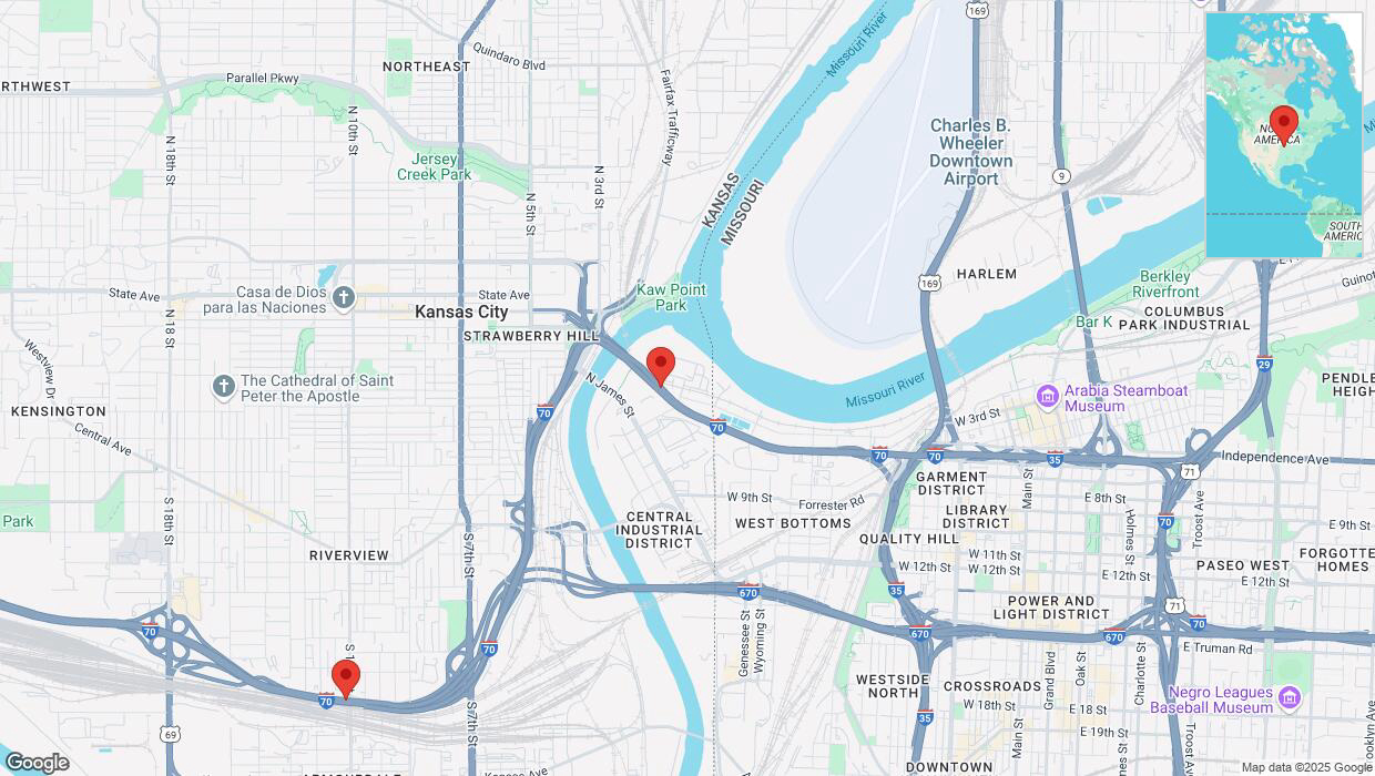 A detailed map that shows the affected road due to 'Heavy snowfall on westbound I-70 in Kansas City' on February 18th at 1:30 p.m.