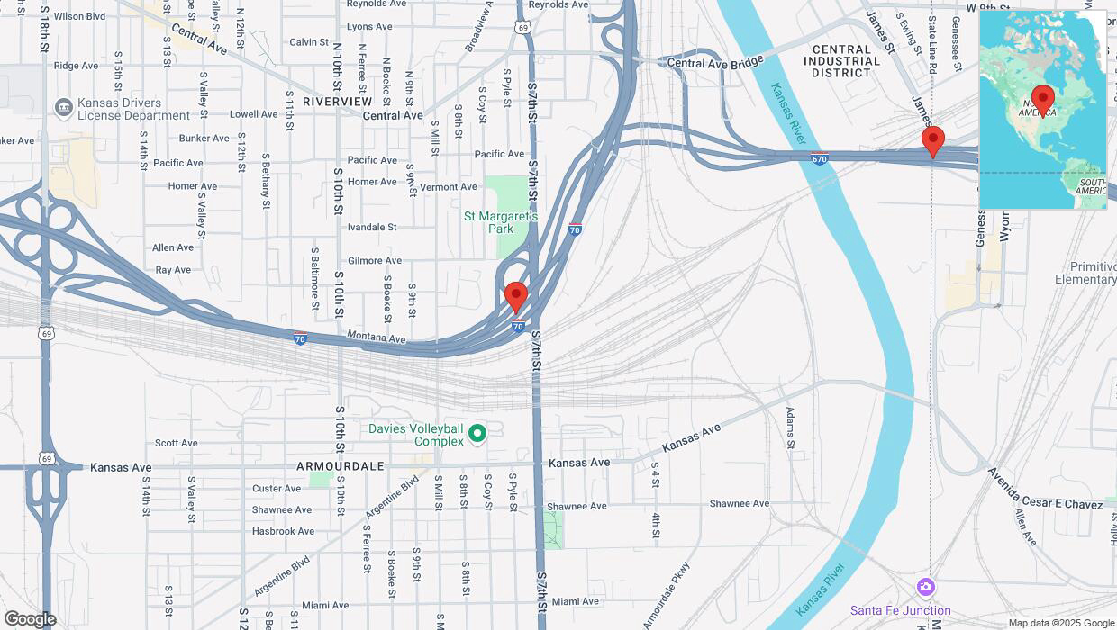 A detailed map that shows the affected road due to 'Heavy snowfall on eastbound I-670 in Kansas City' on February 18th at 1:30 p.m.