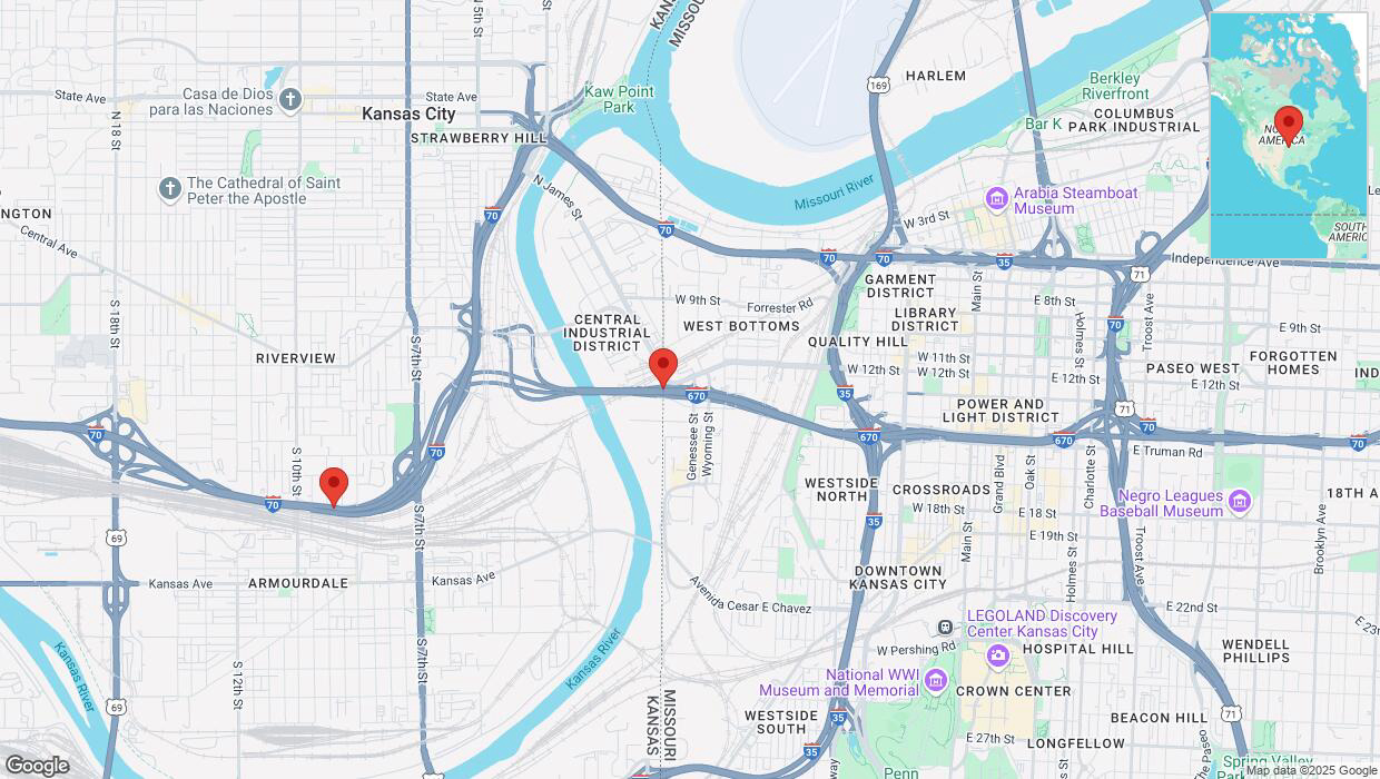 A detailed map that shows the affected road due to 'Heavy snowfall on westbound I-670 in Kansas City' on February 18th at 1:30 p.m.