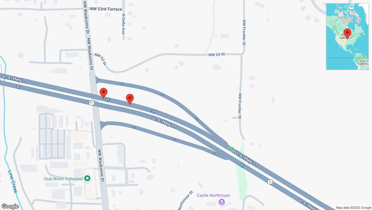 A detailed map that shows the affected road due to 'Broken down vehicle on northbound I-29 in Kansas City' on February 18th at 11 p.m.