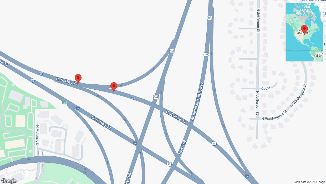 A detailed map that shows the affected road due to 'Broken down vehicle on northbound I-29 in Kansas City' on February 18th at 2:35 p.m.