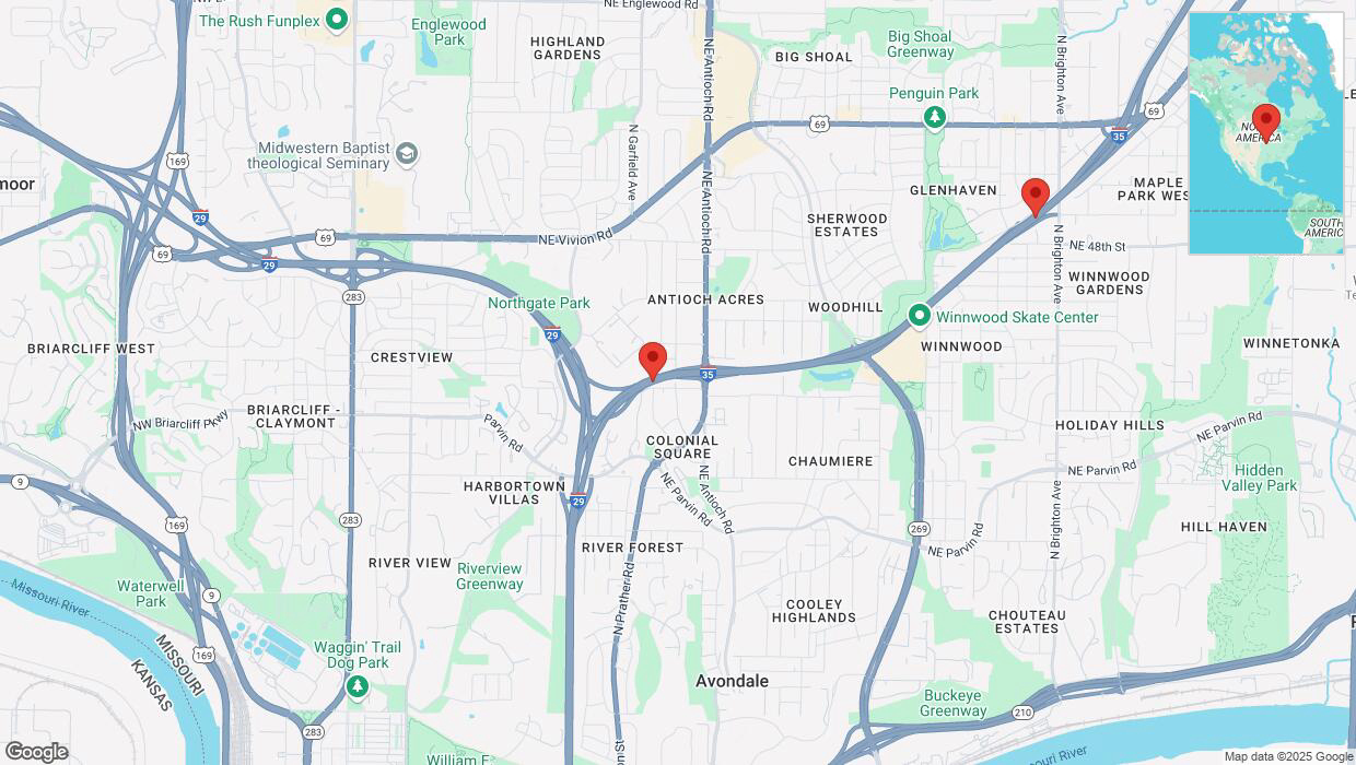 A detailed map that shows the affected road due to 'Heavy snowfall on northbound I-35 in Kansas City' on February 18th at 1:30 p.m.