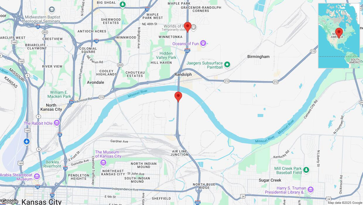 A detailed map that shows the affected road due to 'Heavy snowfall on northbound I-435 in Kansas City' on February 18th at 1:30 p.m.