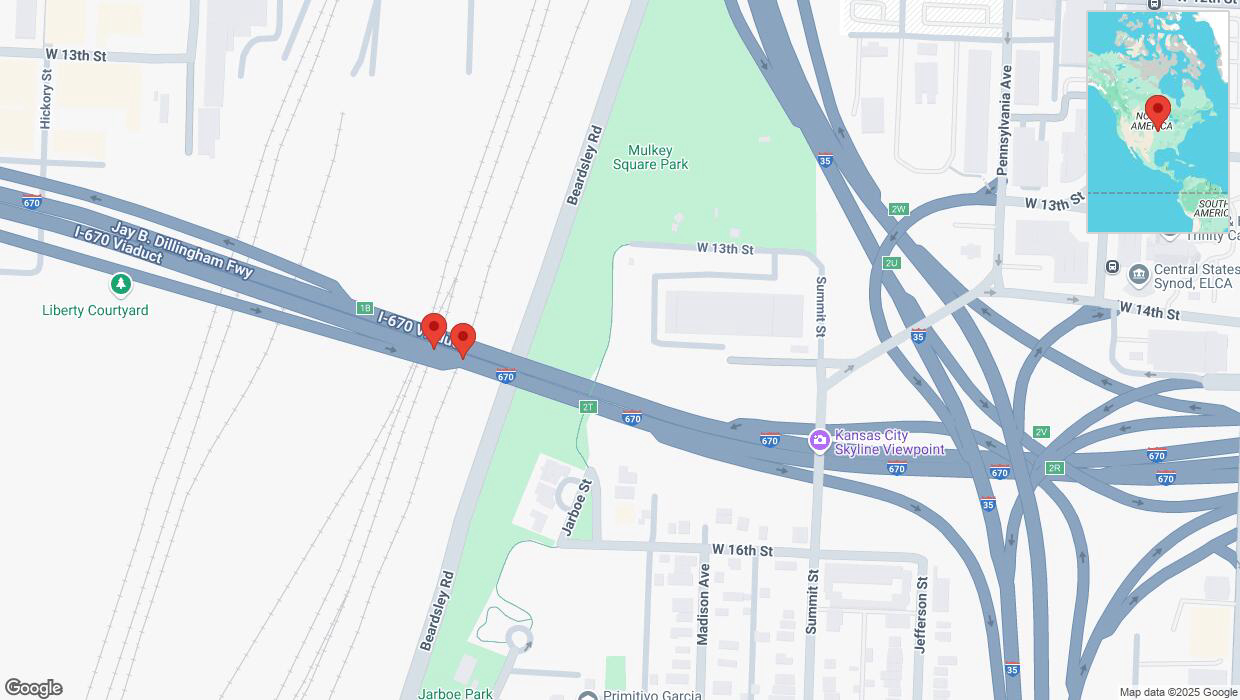 A detailed map that shows the affected road due to 'Broken down vehicle on eastbound I-670 in Kansas City' on February 18th at 2 p.m.