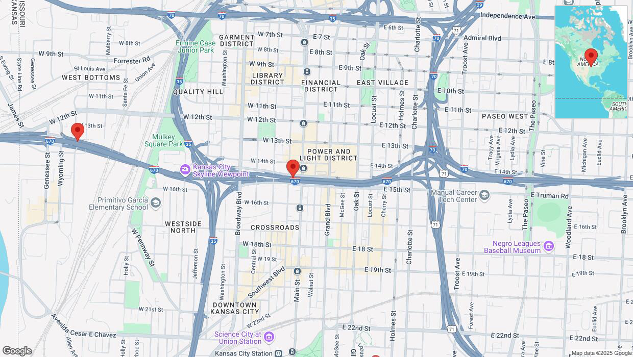 A detailed map that shows the affected road due to 'Heavy snowfall on westbound I-670 in Kansas City' on February 18th at 1:36 p.m.