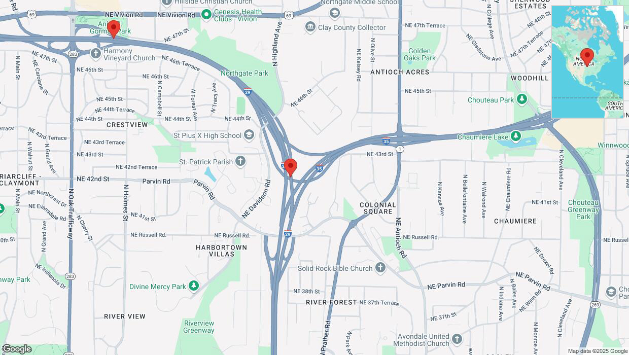 A detailed map that shows the affected road due to 'Heavy snowfall on northbound I-29 in Kansas City' on February 18th at 1:36 p.m.