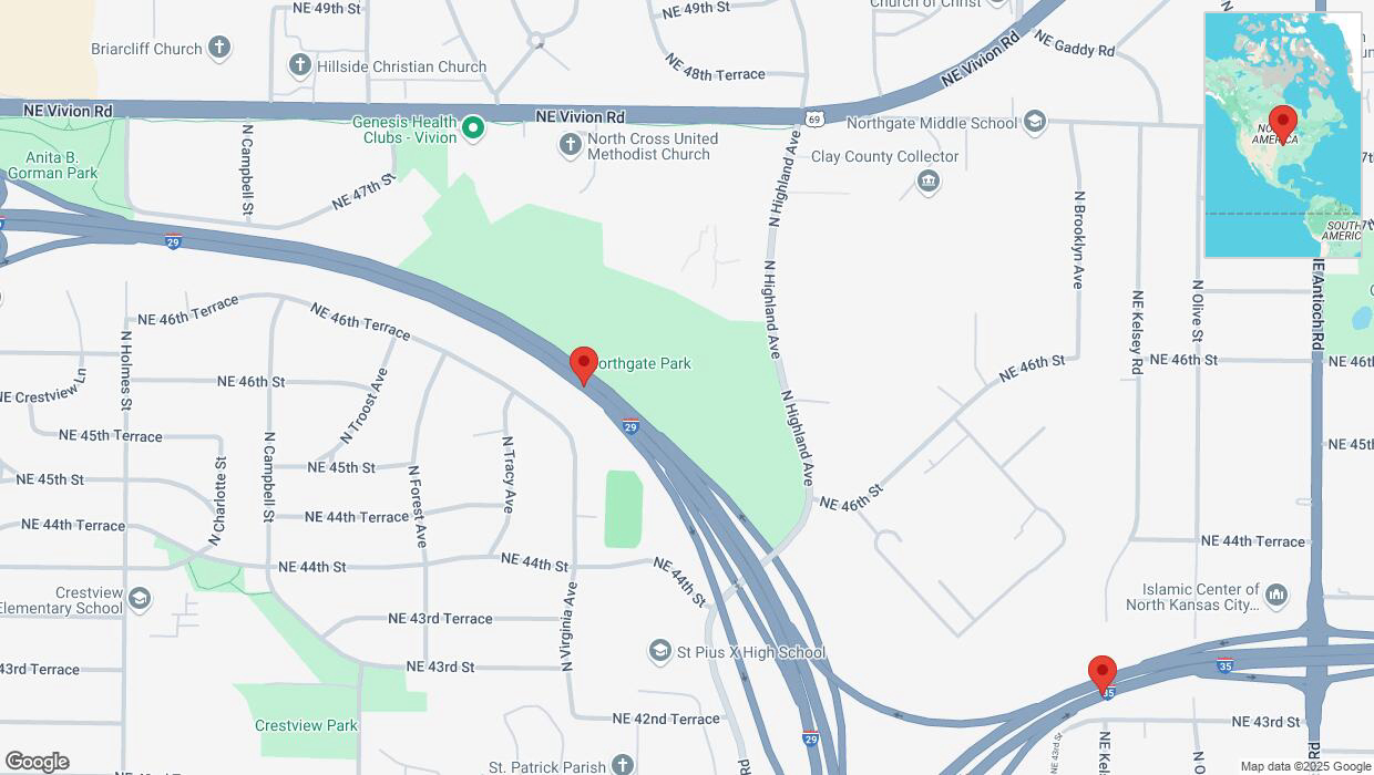 A detailed map that shows the affected road due to 'Heavy snowfall on Northeast 46th Terrace in Kansas City' on February 18th at 1:36 p.m.