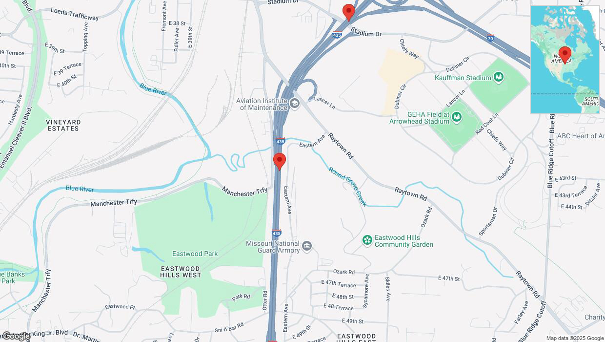 A detailed map that shows the affected road due to 'Heavy snowfall on northbound I-435 in Kansas City' on February 18th at 1:36 p.m.