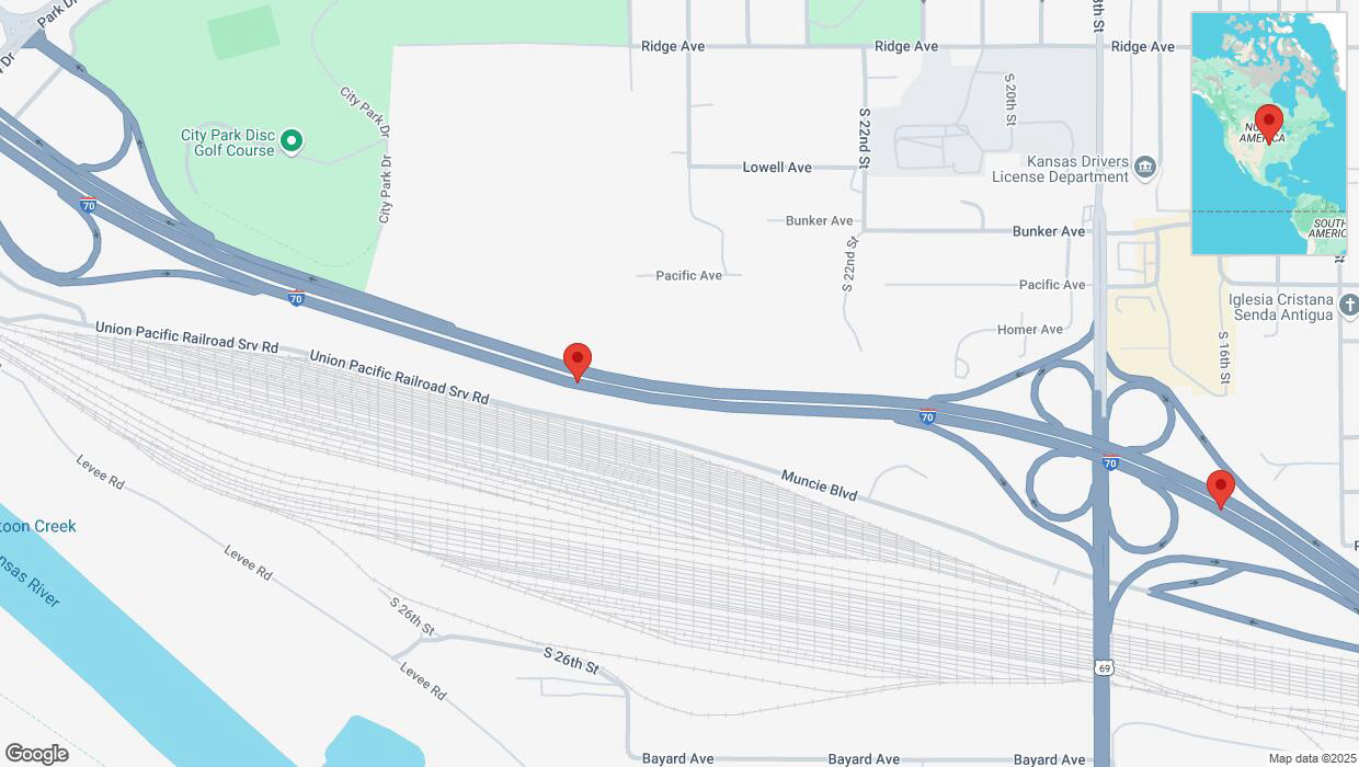 A detailed map that shows the affected road due to 'Heavy snowfall on eastbound I-70 in Kansas City' on February 18th at 1:36 p.m.