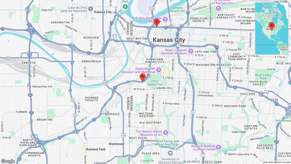 A detailed map that shows the affected road due to 'Heavy snowfall on northbound I-35 in Kansas City' on February 18th at 1:36 p.m.