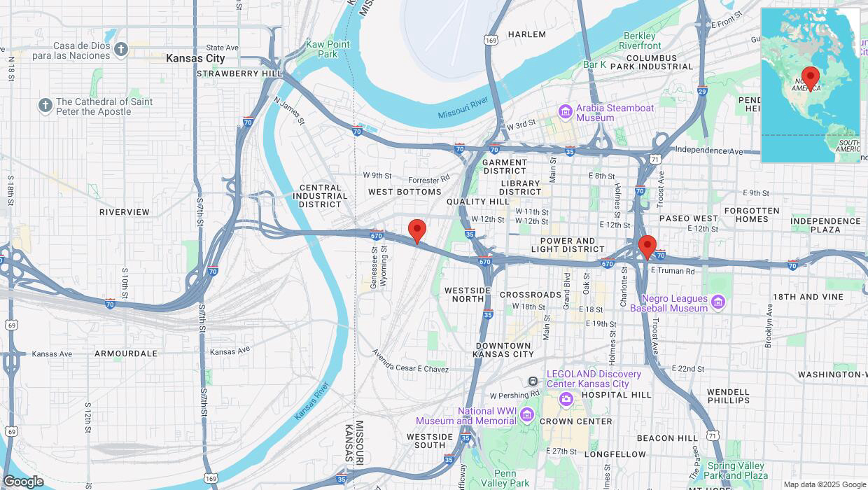 A detailed map that shows the affected road due to 'Heavy snowfall on eastbound I-670 in Kansas City' on February 18th at 1:36 p.m.