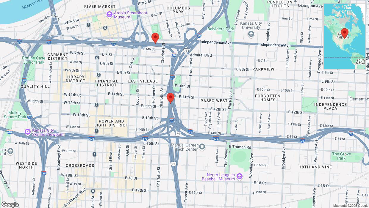 A detailed map that shows the affected road due to 'Heavy snowfall on northbound I-70 in Kansas City' on February 18th at 1:36 p.m.