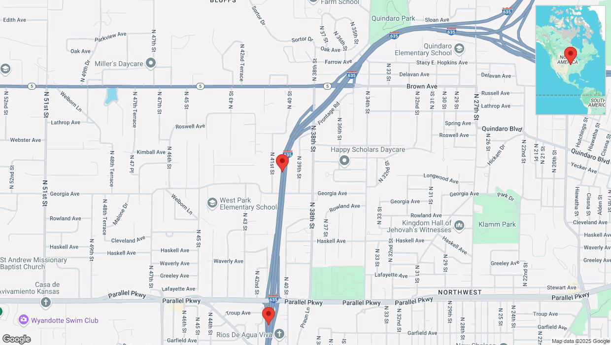 A detailed map that shows the affected road due to 'Heavy snowfall on southbound I-635 in Kansas City' on February 18th at 1:42 p.m.