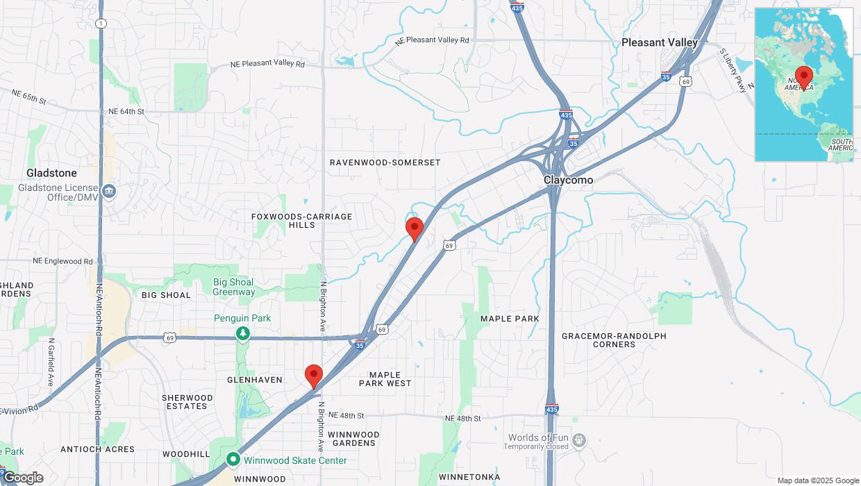 A detailed map that shows the affected road due to 'Heavy snowfall on southbound I-35 in Kansas City' on February 18th at 1:42 p.m.