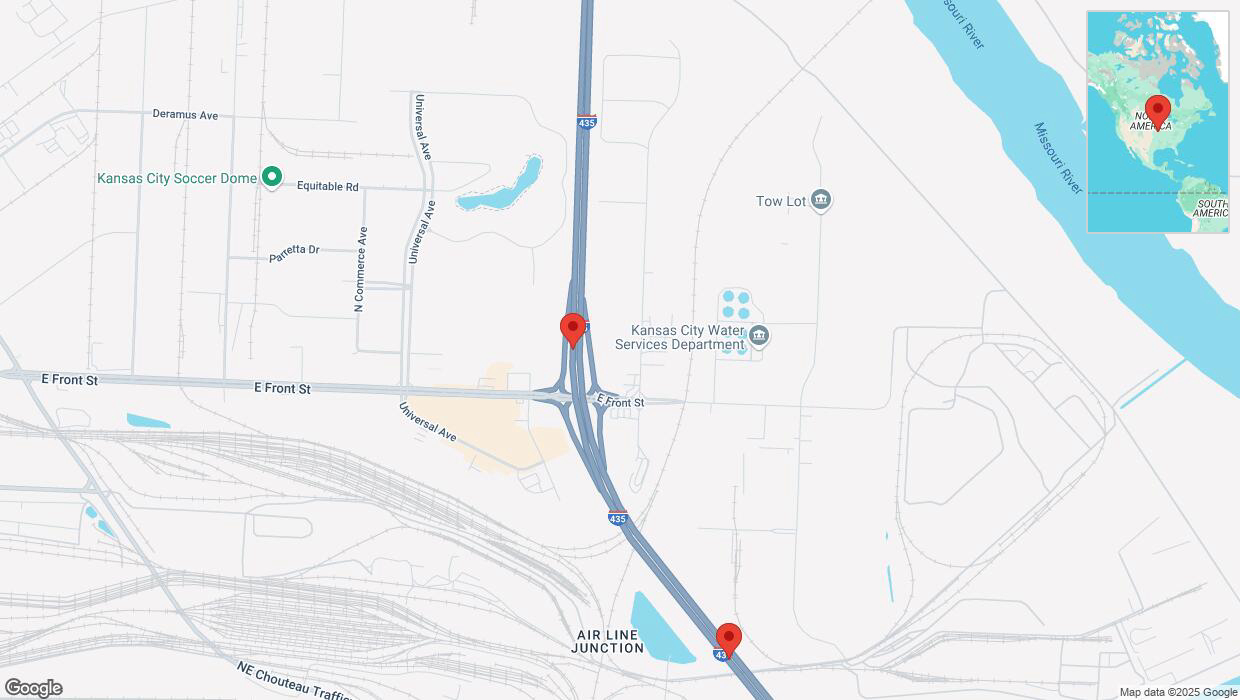 A detailed map that shows the affected road due to 'Warning in Kansas City: Crash reported on southbound I-435' on February 18th at 1:42 p.m.