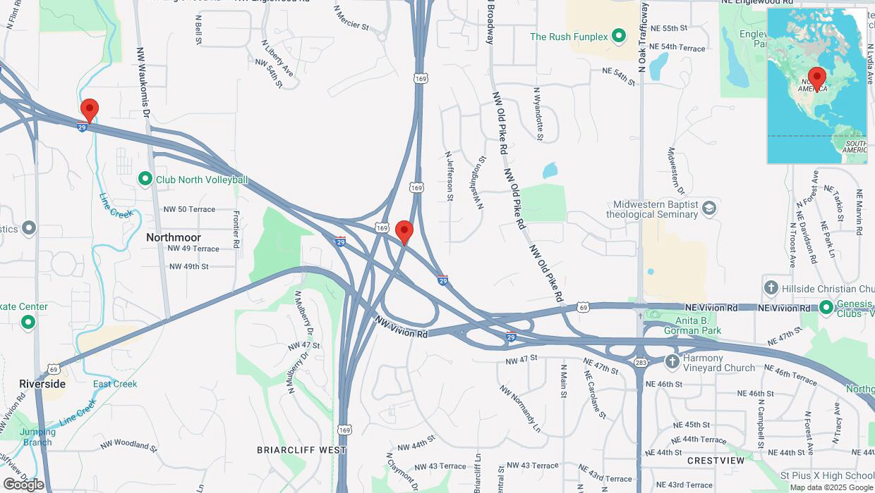 A detailed map that shows the affected road due to 'Heavy snowfall on northbound I-29 in Kansas City' on February 18th at 1:42 p.m.