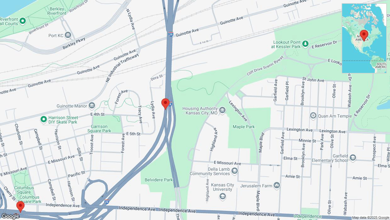 A detailed map that shows the affected road due to 'Heavy snowfall on westbound I-35 in Kansas City' on February 18th at 1:48 p.m.