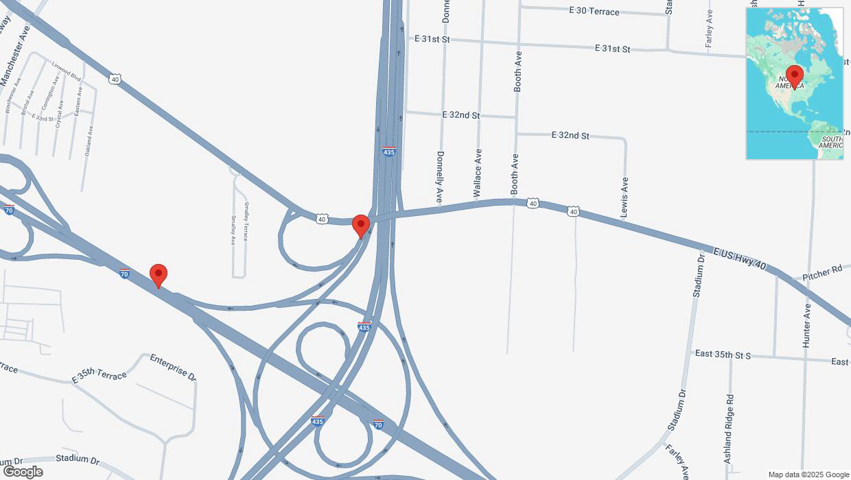 A detailed map that shows the affected road due to 'Heavy snowfall on the East US Highway 40 in Kansas City' on February 18th at 1:48 p.m.