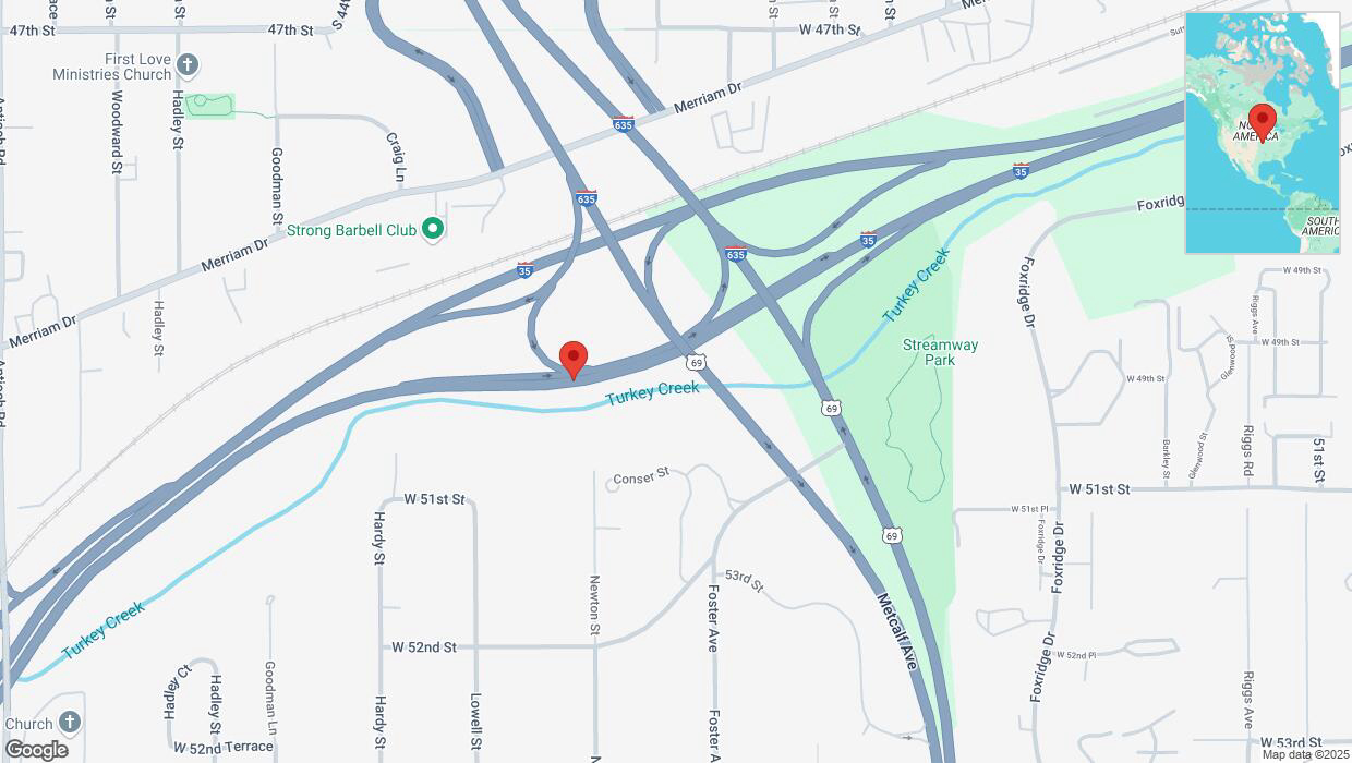 A detailed map that shows the affected road due to 'Heavy snowfall on northbound I-35 in Mission' on February 18th at 1:48 p.m.