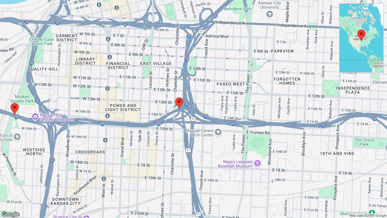 A detailed map that shows the affected road due to 'Heavy snowfall on westbound I-670 in Kansas City' on February 18th at 1:48 p.m.
