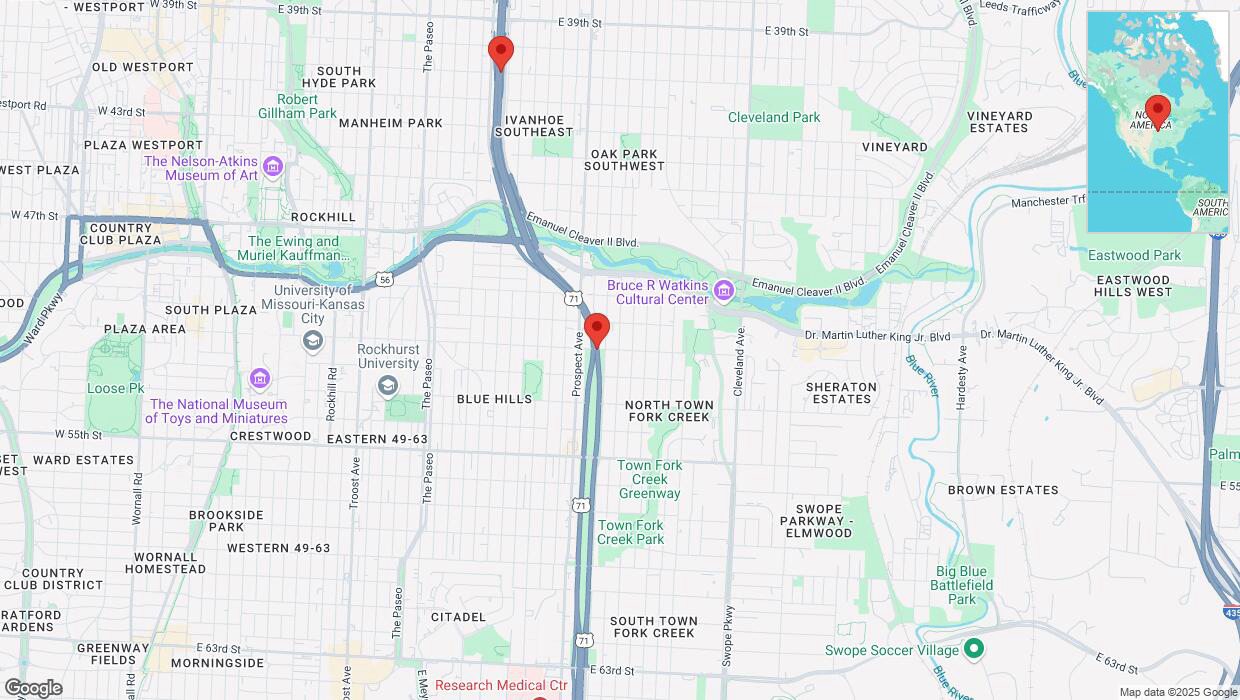 A detailed map that shows the affected road due to 'Heavy snowfall on northbound the Bruce R Watkins Expressway/US-71 in Kansas City' on February 18th at 1:54 p.m.