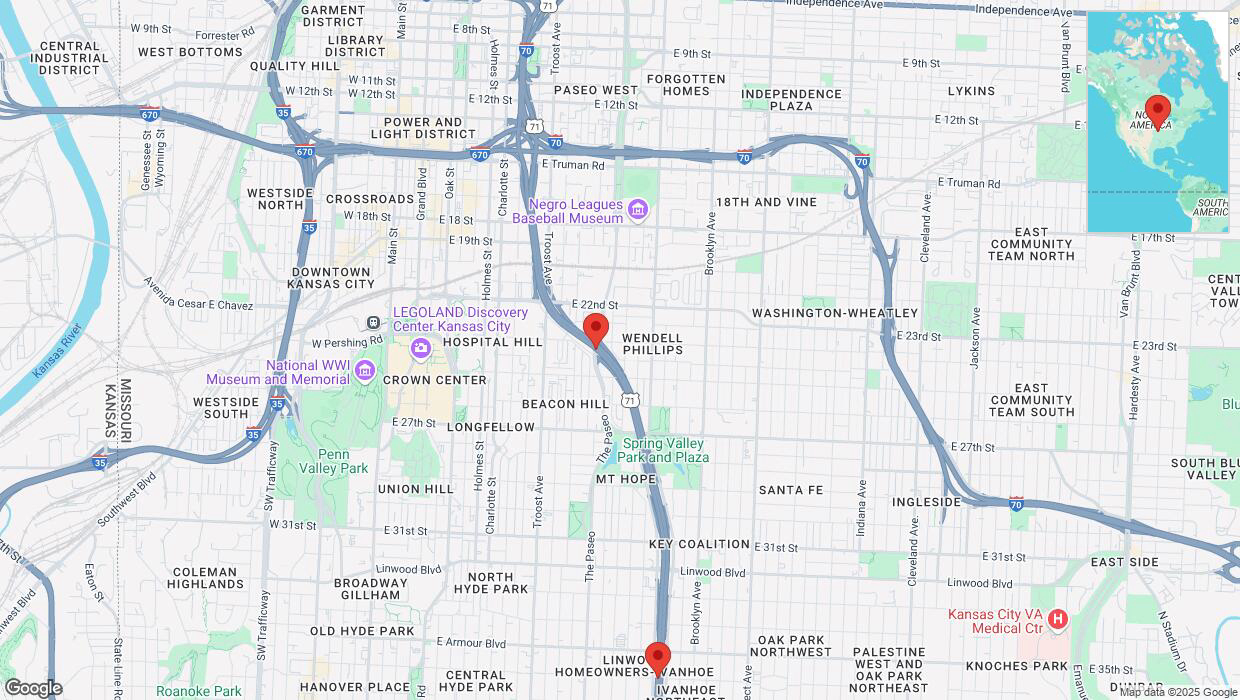A detailed map that shows the affected road due to 'Heavy snowfall on southbound US-71 South in Kansas City' on February 18th at 1:54 p.m.