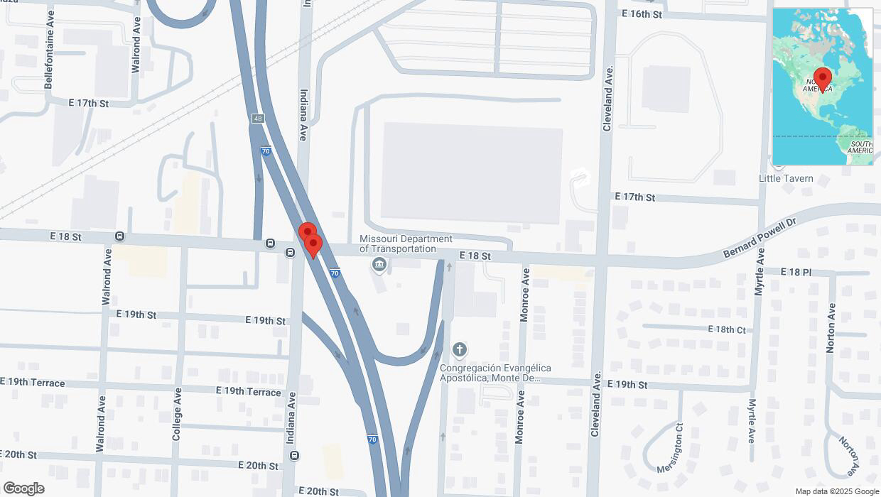 A detailed map that shows the affected road due to 'Broken down vehicle on eastbound I-70 in Kansas City' on February 18th at 2 p.m.
