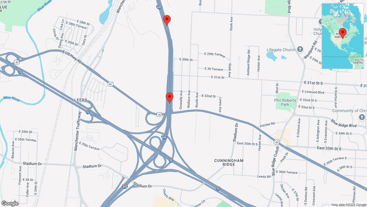 A detailed map that shows the affected road due to 'Heavy snowfall on northbound I-435 in Kansas City' on February 18th at 2 p.m.