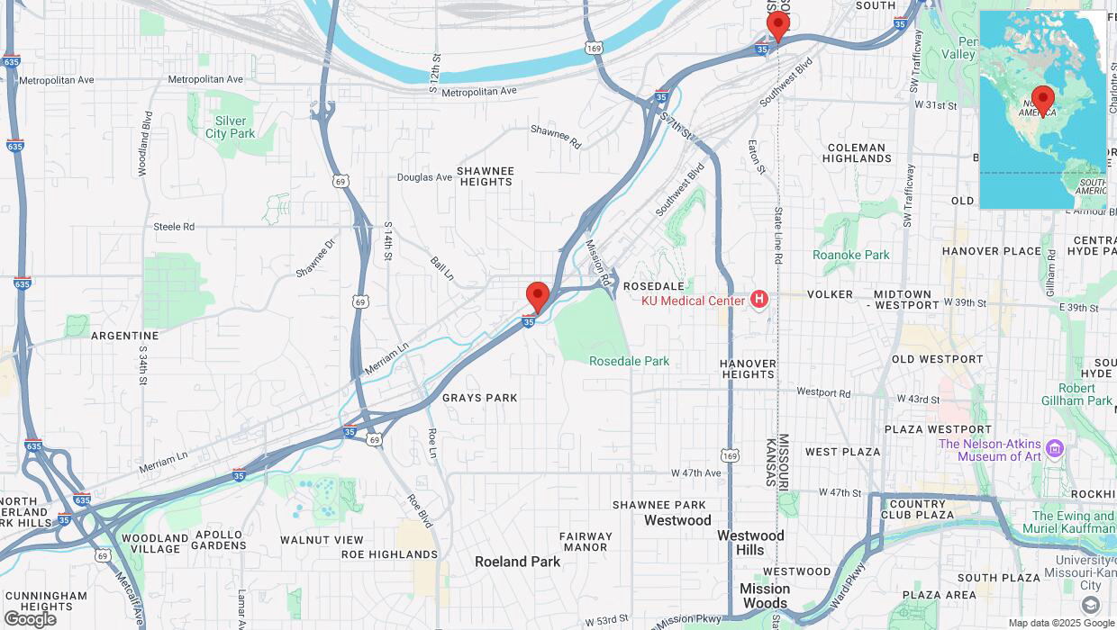 A detailed map that shows the affected road due to 'Heavy snowfall on northbound I-35 in Kansas City' on February 18th at 2 p.m.