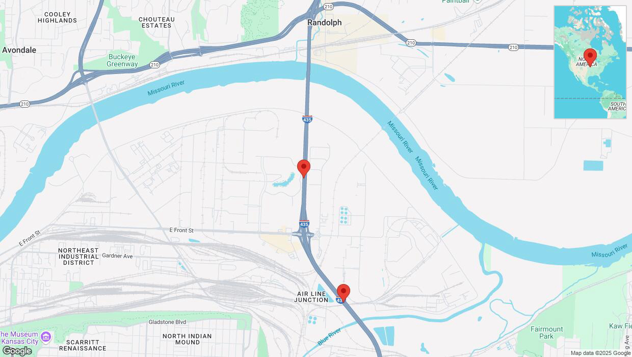 A detailed map that shows the affected road due to 'Heavy snowfall on southbound I-435 in Kansas City' on February 18th at 2 p.m.