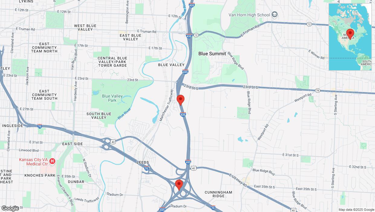 A detailed map that shows the affected road due to 'Heavy snowfall on southbound I-435 in Kansas City' on February 18th at 2:12 p.m.