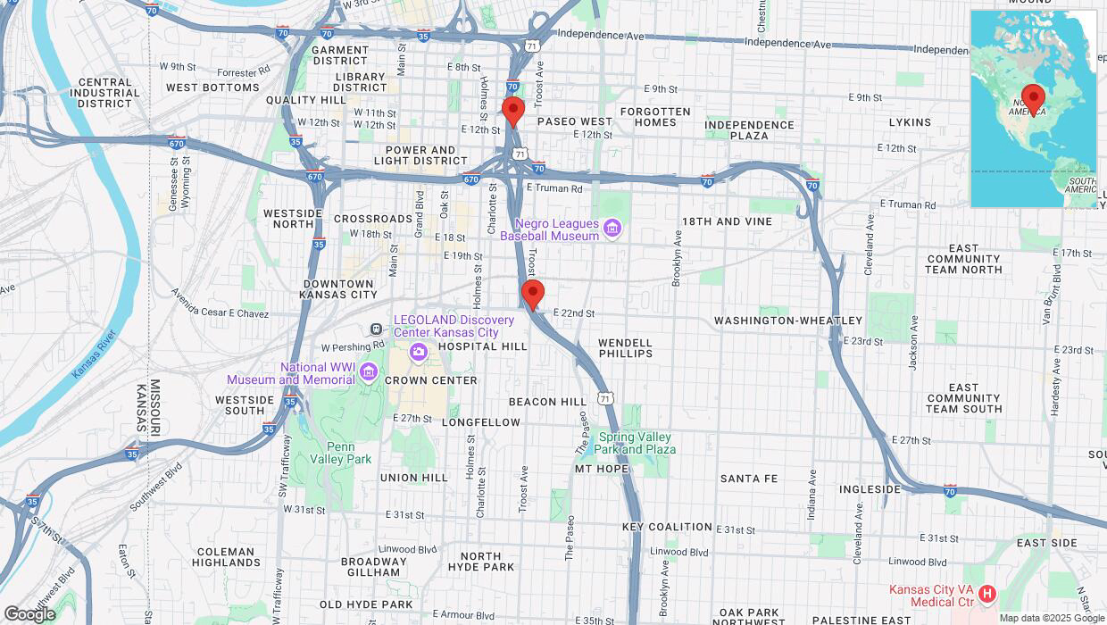 A detailed map that shows the affected road due to 'Heavy snowfall on northbound US-71 in Kansas City' on February 18th at 2:12 p.m.