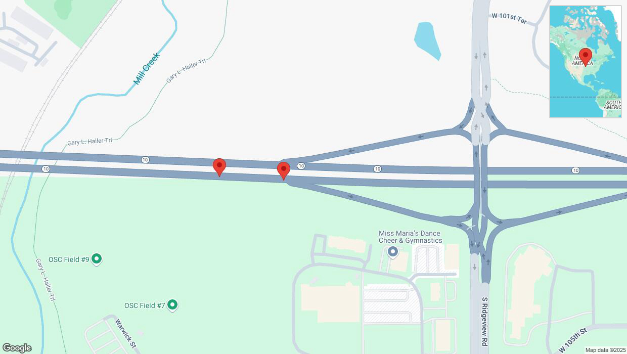 A detailed map that shows the affected road due to 'Broken down vehicle on eastbound K-10 in Olathe' on February 18th at 2:14 p.m.