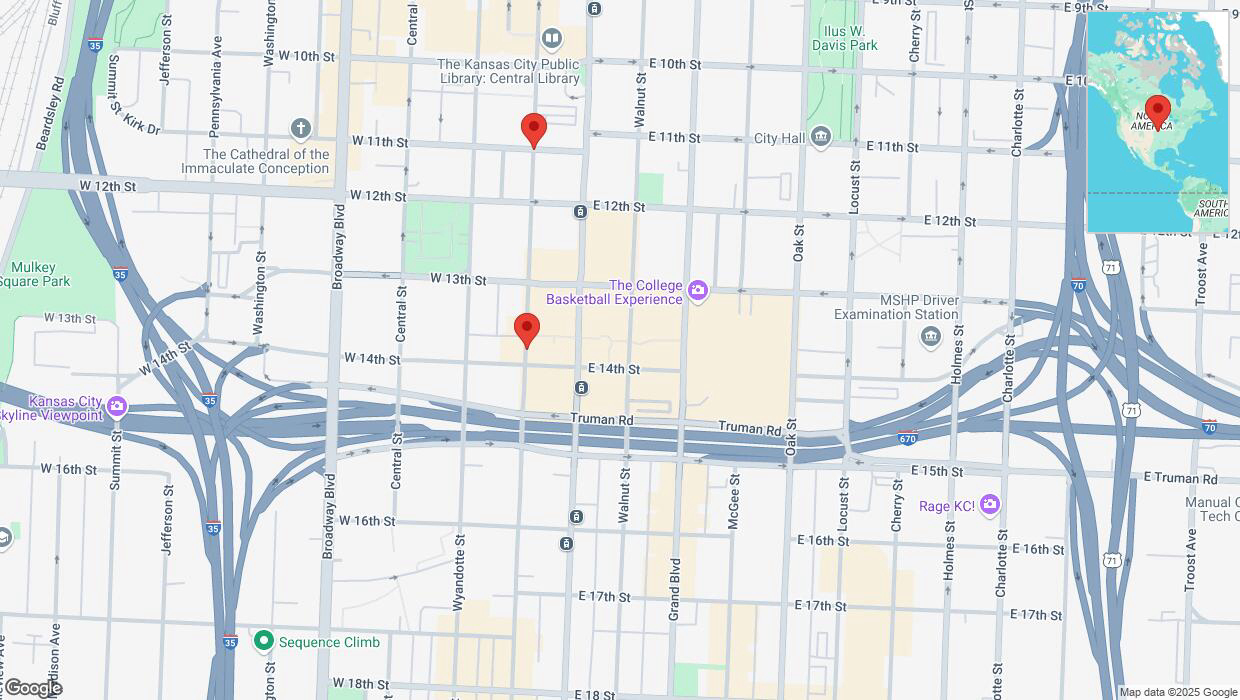 A detailed map that shows the affected road due to 'Heavy snowfall on Baltimore Avenue in Kansas City' on February 18th at 2:18 p.m.
