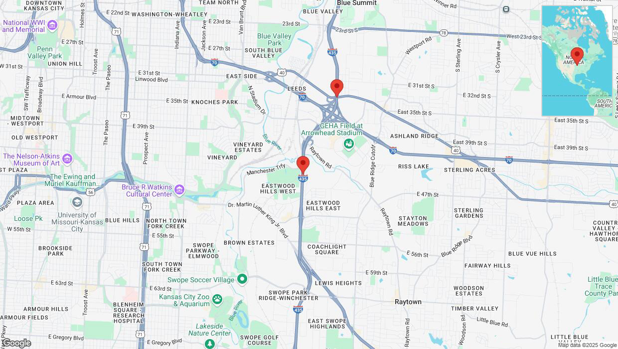A detailed map that shows the affected road due to 'Heavy snowfall on northbound I-435 in Kansas City' on February 18th at 2:18 p.m.