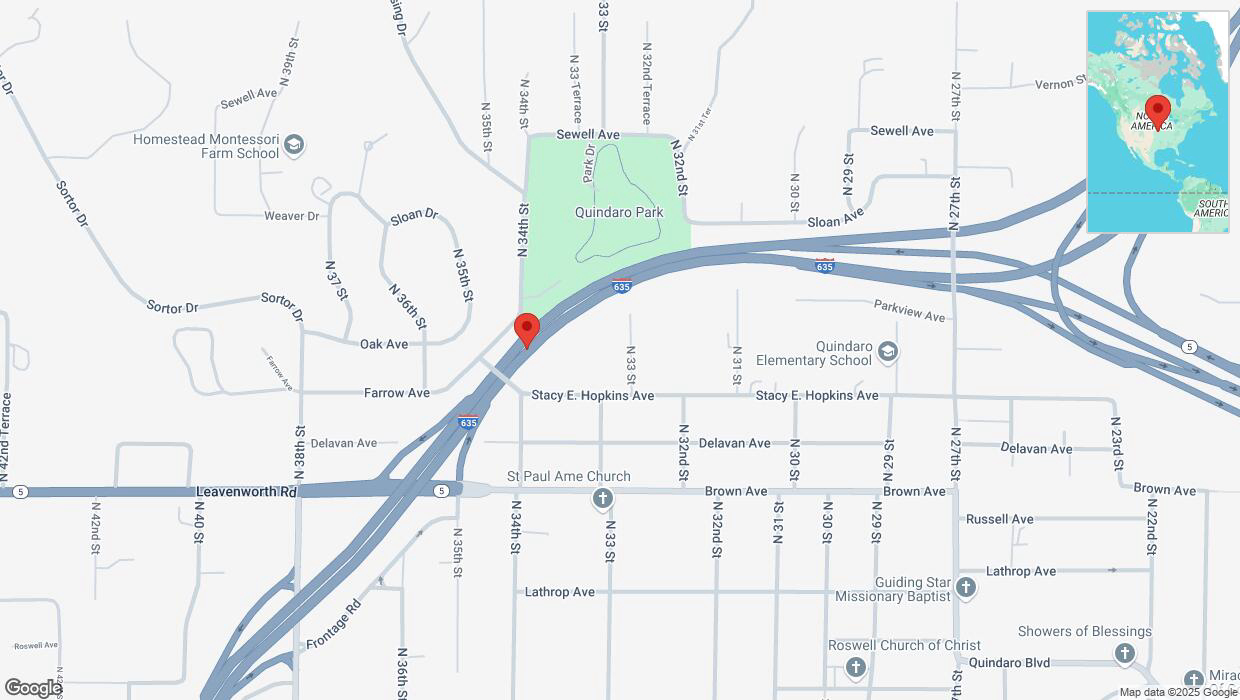 A detailed map that shows the affected road due to 'Heavy snowfall on northbound I-635 in Kansas City' on February 18th at 2:24 p.m.
