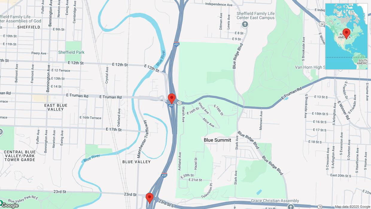A detailed map that shows the affected road due to 'Crash report: I-435' on February 18th at 2:24 p.m.