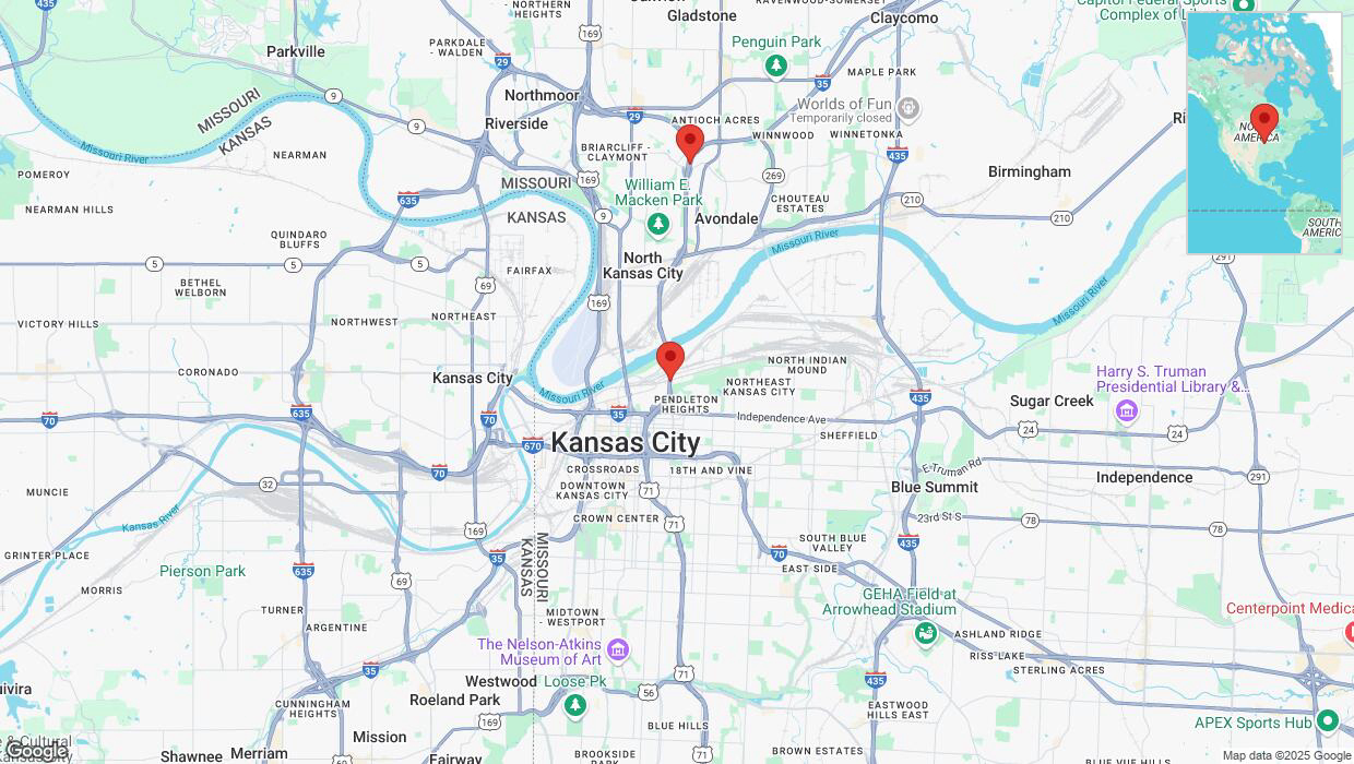 A detailed map that shows the affected road due to 'Heavy snowfall on northbound I-29/I-35 in Kansas City' on February 18th at 3:35 p.m.