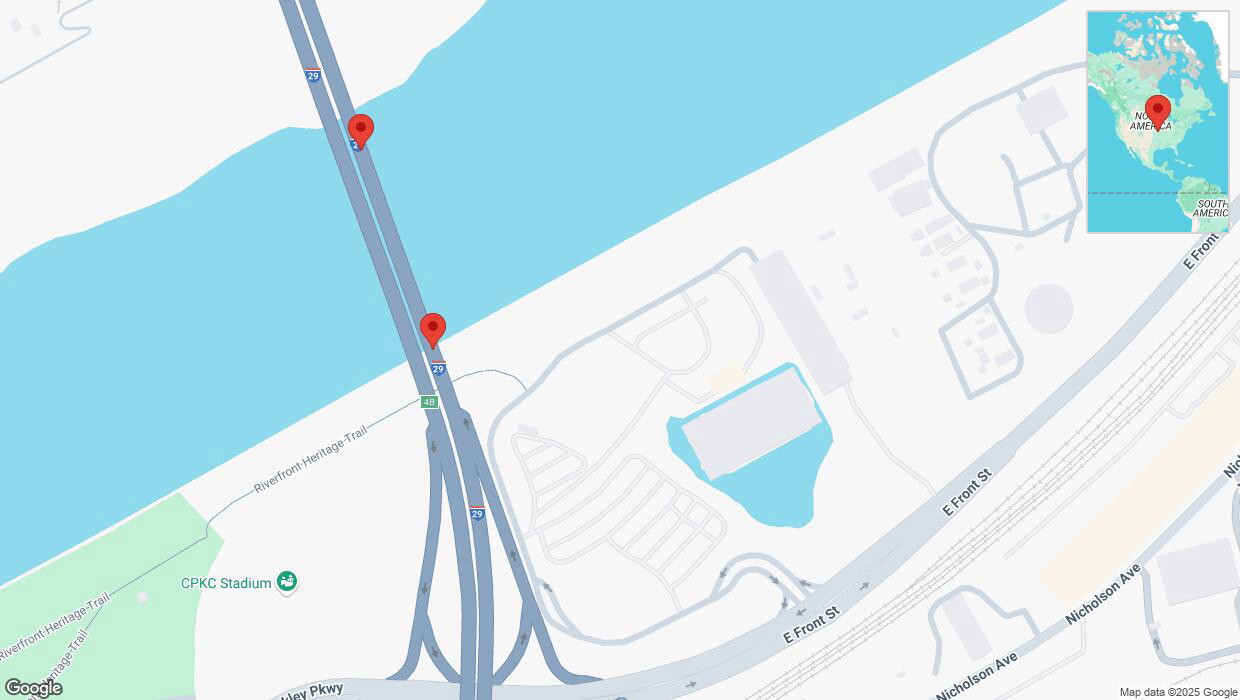 A detailed map that shows the affected road due to 'Broken down vehicle on northbound I-29/I-35 in Kansas City' on February 18th at 2:30 p.m.